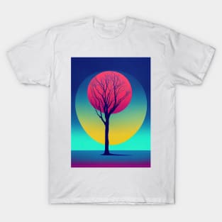 Abstract Pink Full Moon Whimsical Minimalist Lonely Tree Bright Colorful Nature Poster Art of a Leafless Tree T-Shirt